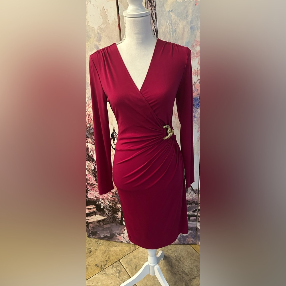 Cache - Elegant Raspberry/Fuchsia Wrap Dress with Snake Hardware. Size M